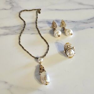 Gold-Tone Pearl Drop Necklace, Earrings & Ring Set - Signed Miriam Haskell